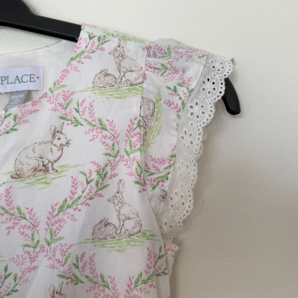 PLACE Girls Bunny Animal Print Fit & Flare Dress White Pink Green Size 10/12
